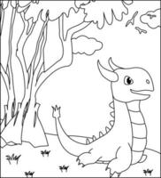 dragon coloriage page 14. dragon mignon avec nature, herbe verte, arbres sur fond, page de coloriage noir et blanc de vecteur. vecteur