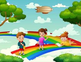 dessin animé mignon les enfants sur l'illustration de l'arc en ciel vecteur