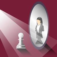 concept de leadership, lumière brillante sur le pion d'échecs, pion regardant dans le miroir et voyant une femme d'affaires d'échecs noire, illustration vectorielle vecteur