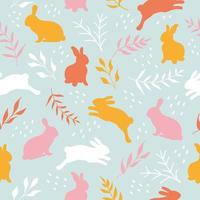 mignons lapins dessinés à la main dans un pré de fleurs, motif harmonieux de Pâques, avec des lapins et des brunchs - idéal pour les textiles, les cartes de Pâques, les bannières, les fonds d'écran - création vectorielle vecteur