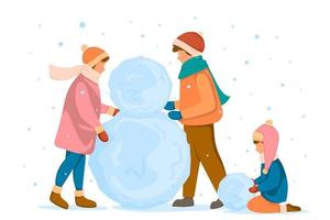 les gens avec des enfants sculptent un bonhomme de neige, de grosses boules de neige. concept de plaisir d'hiver. illustration vectorielle dans un style plat. vecteur
