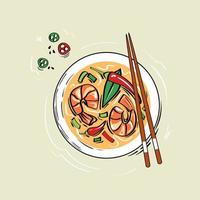 soupe tom yum asiatique crémeuse traditionnelle aux fruits de mer. illustration vectorielle de nourriture dessinée dans le style de croquis pour le menu
