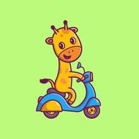 illustration d'icône vectorielle de dessin animé de scooter de girafe mignonne. concept d'icône de transport d'animaux isolé vecteur premium. style de dessin animé plat