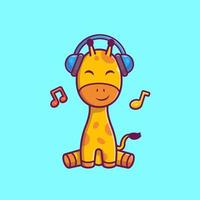 girafe mignonne écoutant de la musique avec illustration d'icône de vecteur de dessin animé de casque. concept d'icône de technologie animale isolé vecteur premium. style de dessin animé plat