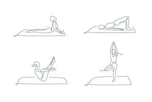 ensemble de poses d'art en ligne de pilates. illustration vectorielle de contour. collection de poses de yoga sur une ligne. les femmes font du yoga et du pilates. tapis de yoga vecteur