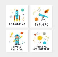 affiches spatiales avec fusée mignonne dessinée à la main, planètes, étoiles, enfant, télescope et lettrage. création vectorielle pour chambre de bébé, cartes de voeux, t-shirts. vecteur