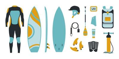 grand ensemble d'équipements de surf dans un style plat sur fond blanc. conception de vecteur moderne dans les couleurs jaunes et bleues