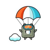 Caricature de mascotte de sac d'école fait du parachutisme avec un geste heureux vecteur