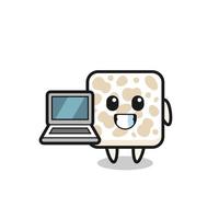 mascotte illustration de tempeh avec un ordinateur portable vecteur