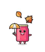 dessin animé de la jolie confiture de fraises tenant un parapluie en automne vecteur