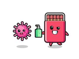 illustration du personnage de la boîte d'allumettes chassant le virus du mal avec un désinfectant pour les mains vecteur