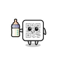 personnage de dessin animé de code qr bébé avec bouteille de lait vecteur