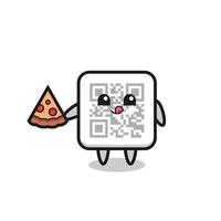 dessin animé mignon de code qr manger de la pizza vecteur