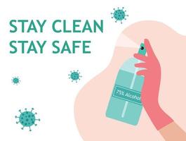 restez propre restez en sécurité, les mains s'appliquent sur le lavage du désinfectant pour les mains pour protéger l'illustration vectorielle de l'éclosion de la maladie à coronavirus covid-19. nouvelle normalité après la pandémie de covid-19 vecteur