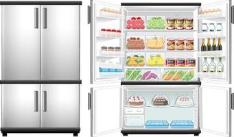 réfrigérateur fermé et porte ouverte avec beaucoup de nourriture vecteur