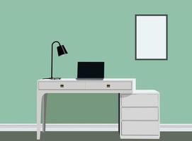 bureau de graphiste avec illustration vectorielle d'ordinateur portable. belle affiche de mobilier d'espace de travail de bureau sur le vecteur de maquette de mur.