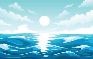 océan bleu avec fond de paysage de soleil vecteur