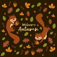 Squirrely iLlustration With Leafs And Nuts Oak Pattern for Autumn vecteur