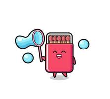 dessin animé de boîte d'allumettes heureux jouant à la bulle de savon vecteur