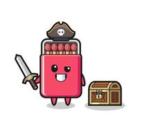 le personnage pirate de la boîte d'allumettes tenant une épée à côté d'une boîte au trésor vecteur