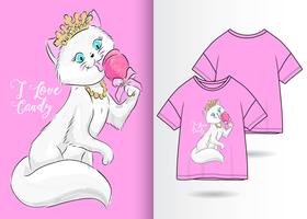 J&#39;aime la conception de T-shirt de chat dessiné par main de sucrerie d&#39;amour vecteur