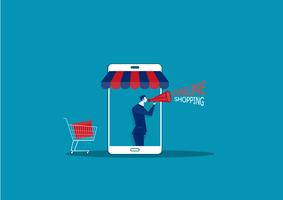 homme d&#39;affaires sur smartphone avec boutique en ligne E-shop vecteur