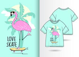 Cool Skate Flamingo Dessiné Main T Shirt Design vecteur