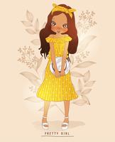 Main dessinée jolie fille en robe jaune avec fond de fleur vecteur