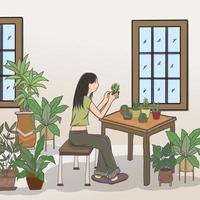 femme et plantes dans le salon. vecteur