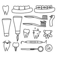 ensemble d'icônes de dentisterie. dents, dentiers, orthodontie, instruments dentaires. style de griffonnage. illustration vectorielle. vecteur