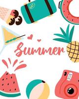 carte postale d'été. carte d'été avec fruits, appareil photo, valise.illustration vectorielle. vecteur