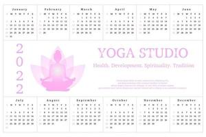 calendrier pour 2022, studio de yoga publicitaire. femme en position du lotus sur fond de fleur de lotus. logo de la salle de sport, salle de gym. modèle de flyers, invitations, pages web vecteur