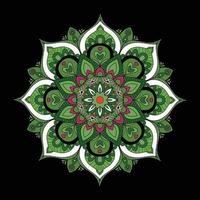 conception de mandala floral tropical sur fond sombre comprenant des feuilles et des fleurs en vert, rose, rouge, noir, blanc vecteur