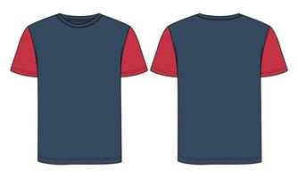 deux tons bleu marine, couleur rouge coupe standard t-shirt de base à manches courtes mode technique croquis plat modèle d'illustration vectorielle avant, vues arrière. conception de vêtements maquette dessin illustration. vecteur