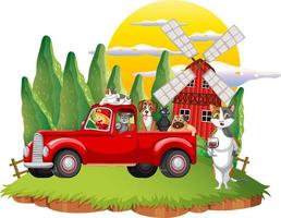 concept de road trip avec des animaux domestiques dans une voiture vecteur