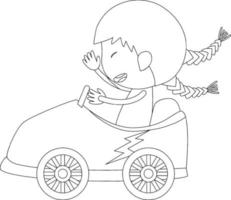 une fille dans un personnage de doodle noir et blanc de voiture de course vecteur