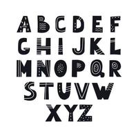 alphabet anglais noir et blanc dans un style scandinave. police élégante avec des lettres créatives avec des éléments abstraits à l'intérieur vecteur