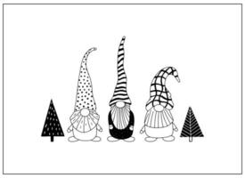 mignons personnages de doodle gnomes dessinés à la main. carte de voeux de style scandinave. vecteur