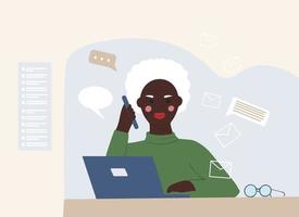 femme afro-américaine soudeuse sur son ordinateur portable travaillant et discutant en ligne vecteur