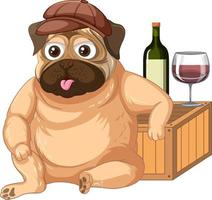 un chien carlin avec une bouteille de vin et un verre vecteur