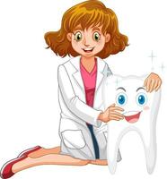 Dentiste heureux tenant une grosse dent sur fond blanc vecteur
