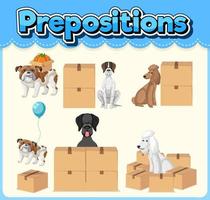 wordcard de préposition avec chien et boîte vecteur