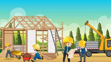 chantier de construction de maison et ouvriers vecteur