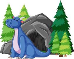 dragon bleu assis devant la grande grotte vecteur