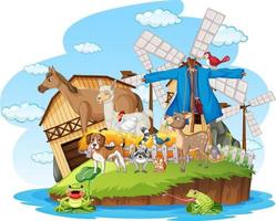 scène de ferme avec de nombreux animaux près de la grange vecteur