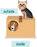 conception de carte de mots de préposition avec des chiens et une boîte vecteur
