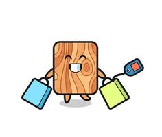 caricature de mascotte de bois de planche tenant un sac à provisions vecteur