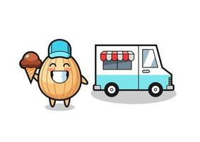 dessin animé de mascotte d'amande avec un camion de crème glacée vecteur