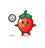 personnage de dessin animé de piment joue au volleyball vecteur