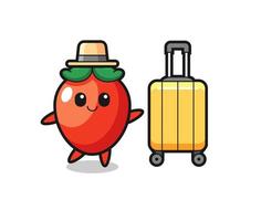 illustration de dessin animé de piment avec des bagages en vacances vecteur